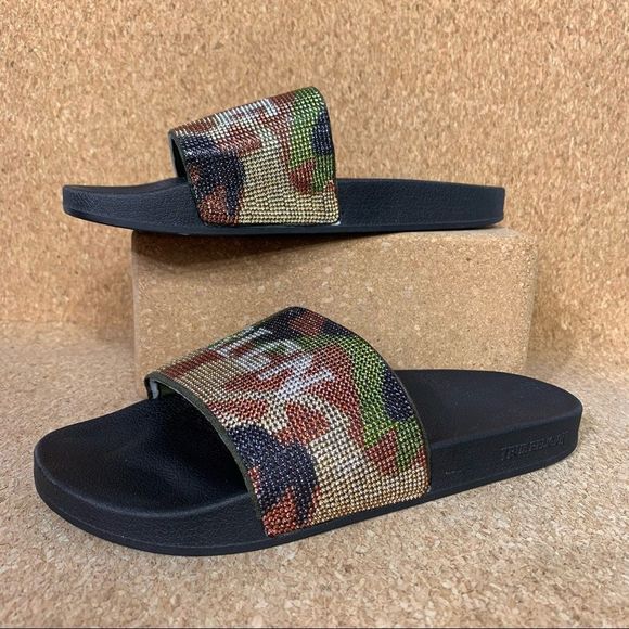 True Religion Sandals Women 7 Meyer Bling Camouflage Camo Slides Slippers New - Picture 1 of 7
